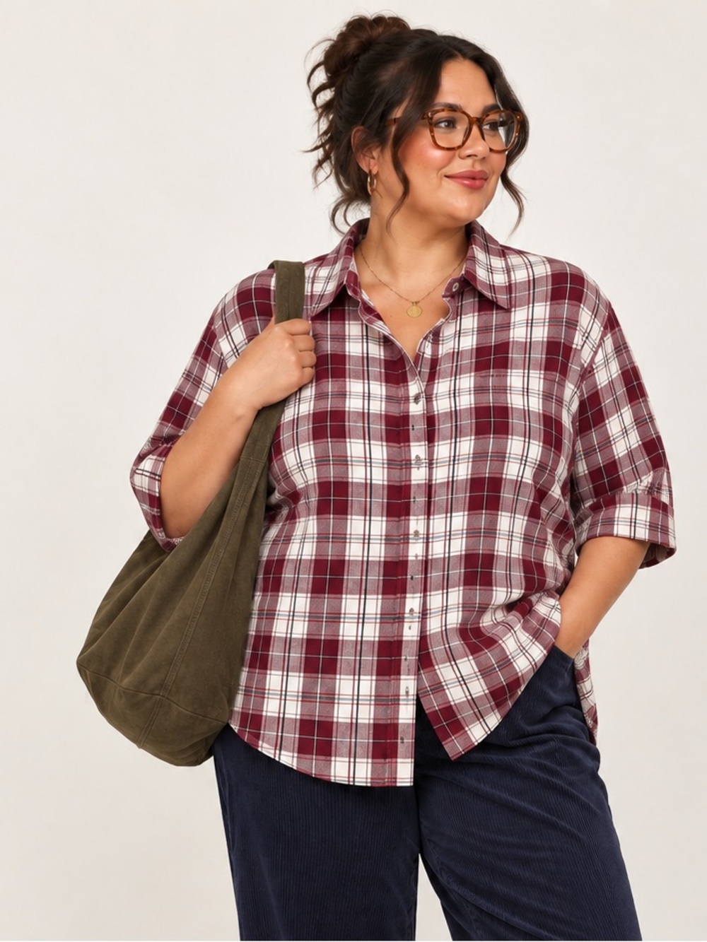 Laura Scott 3X Burgundy Plaid Button Up Shirt Buttermom Momcore